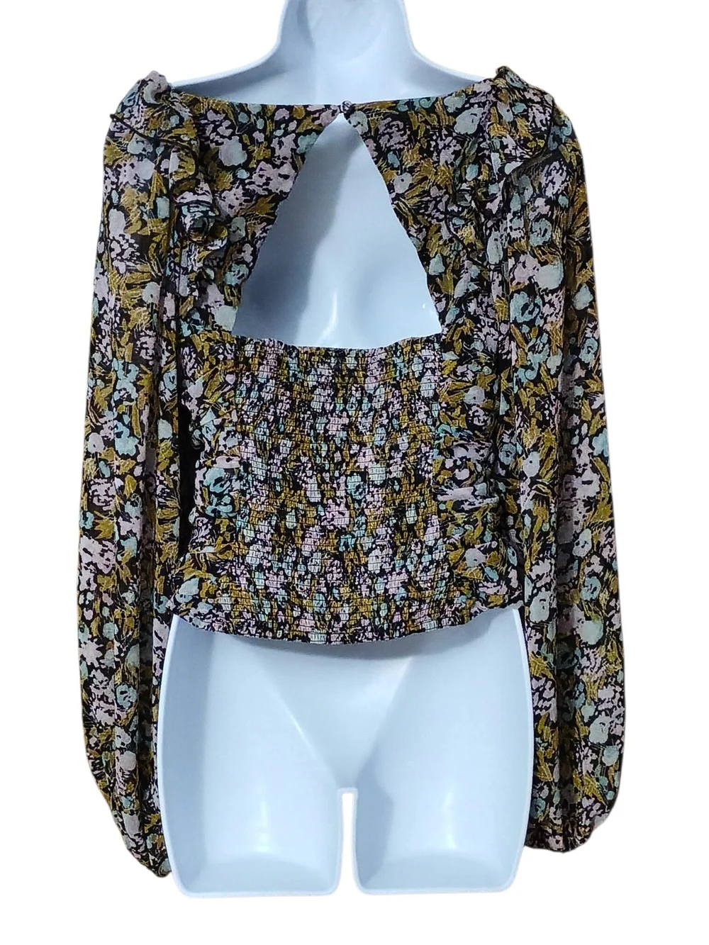 #260 Free People Floral Off-Shoulder Smocked Crop Top - Black Multicolor